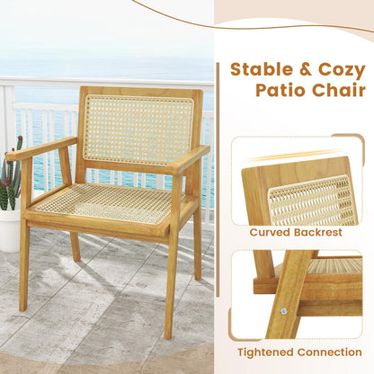 Tangkula Outdoor Wood Chair, Teak Wood Armchair with Rattan Seat & Back - JV11366
