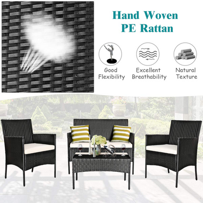 Tangkula Patio Furniture Set, Outdoor Wicker Conversation Set with Tempered Glass Coffee Table - HW65357