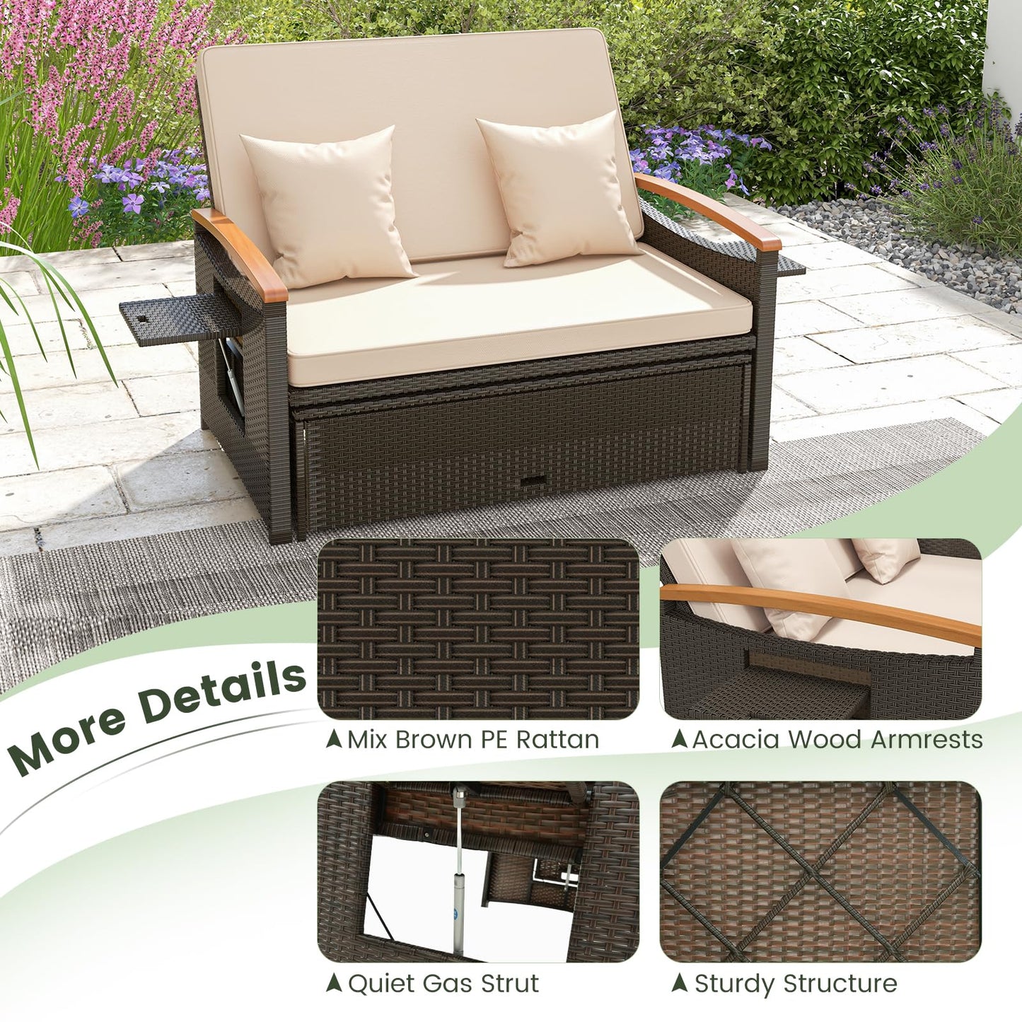 Tangkula Patio Rattan Daybed Set with Cushioned Loveseat and Storage Ottoman - HW71627BN+
