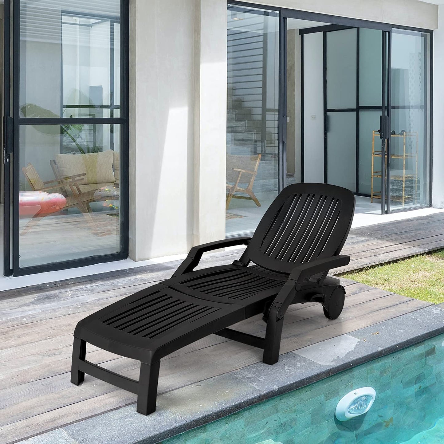 Tangkula Outdoor Chaise Lounge Chair, 5-Position Adjustable Recliner with Storage Box and Flexible Wheels - OP70717BK