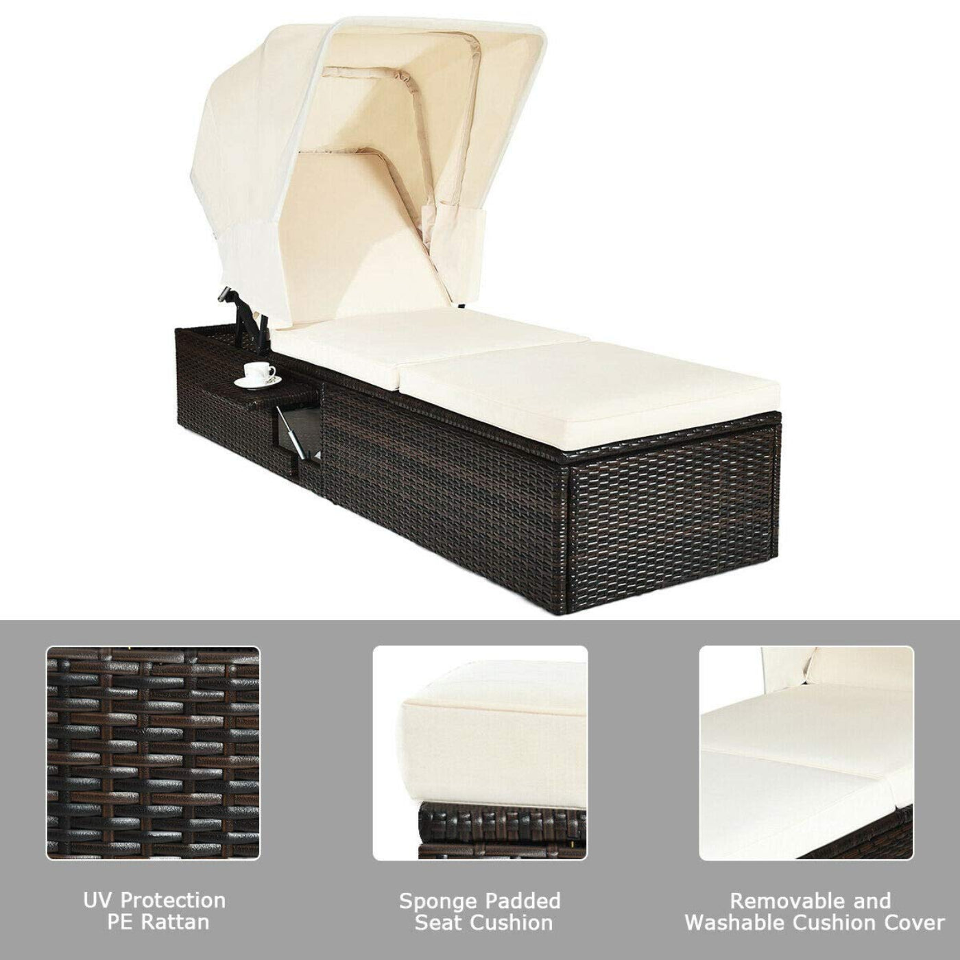 Tangkula Outdoor Chaise Lounge Chair with Folding Canopy, Adjustable Cushioned Reclining Chair with Flip-up Tea Table - HW63197+