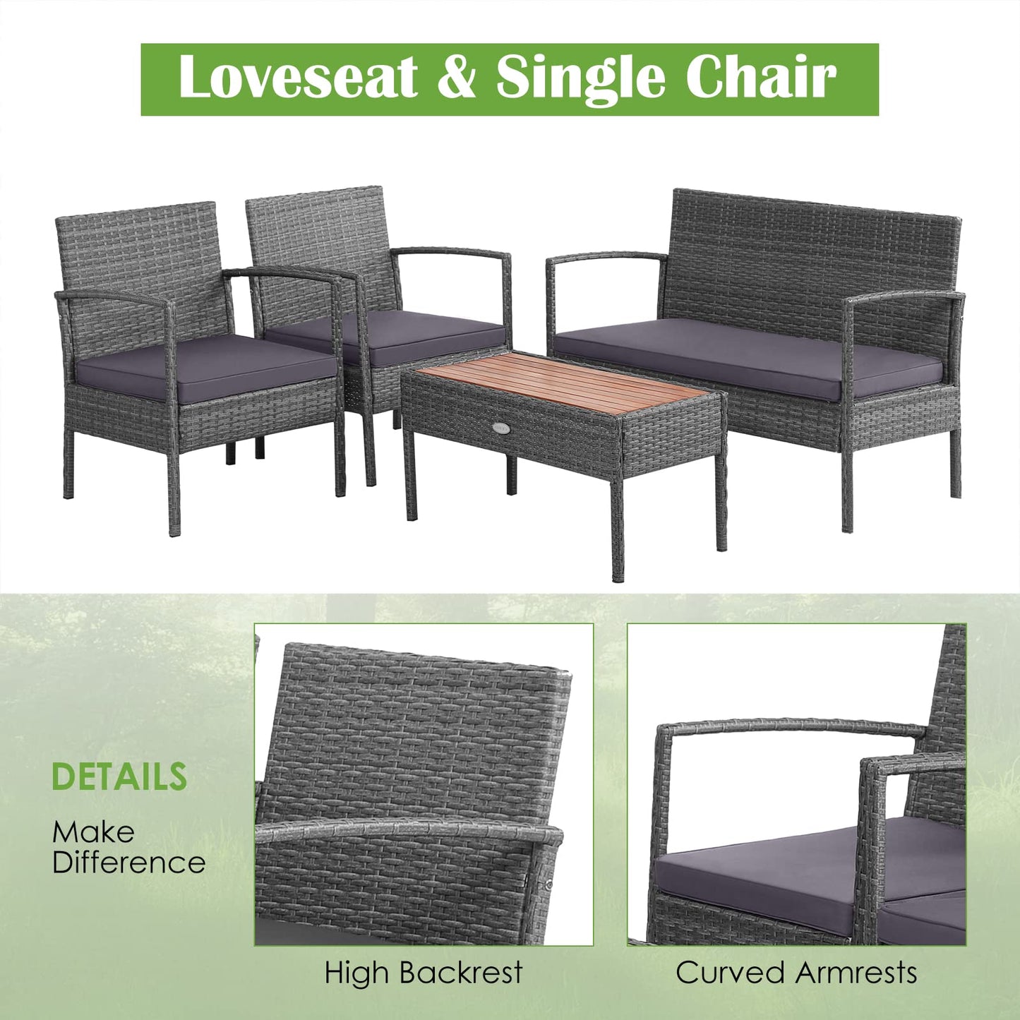 Tangkula Outdoor Wicker Sofa Set W/Seat Cushions, Heavy-Duty Steel Frame, Garden - HW68940