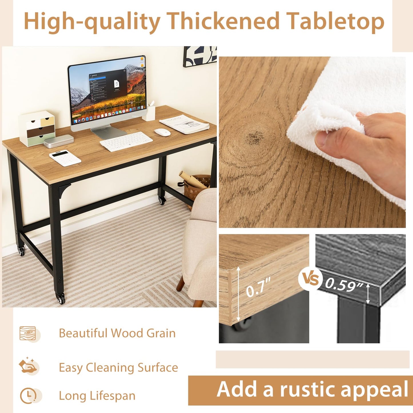 Tangkula Mobile Computer Desk, Simple Style Rolling Home Office Desk Study Table Writing Desk - CB10481NA