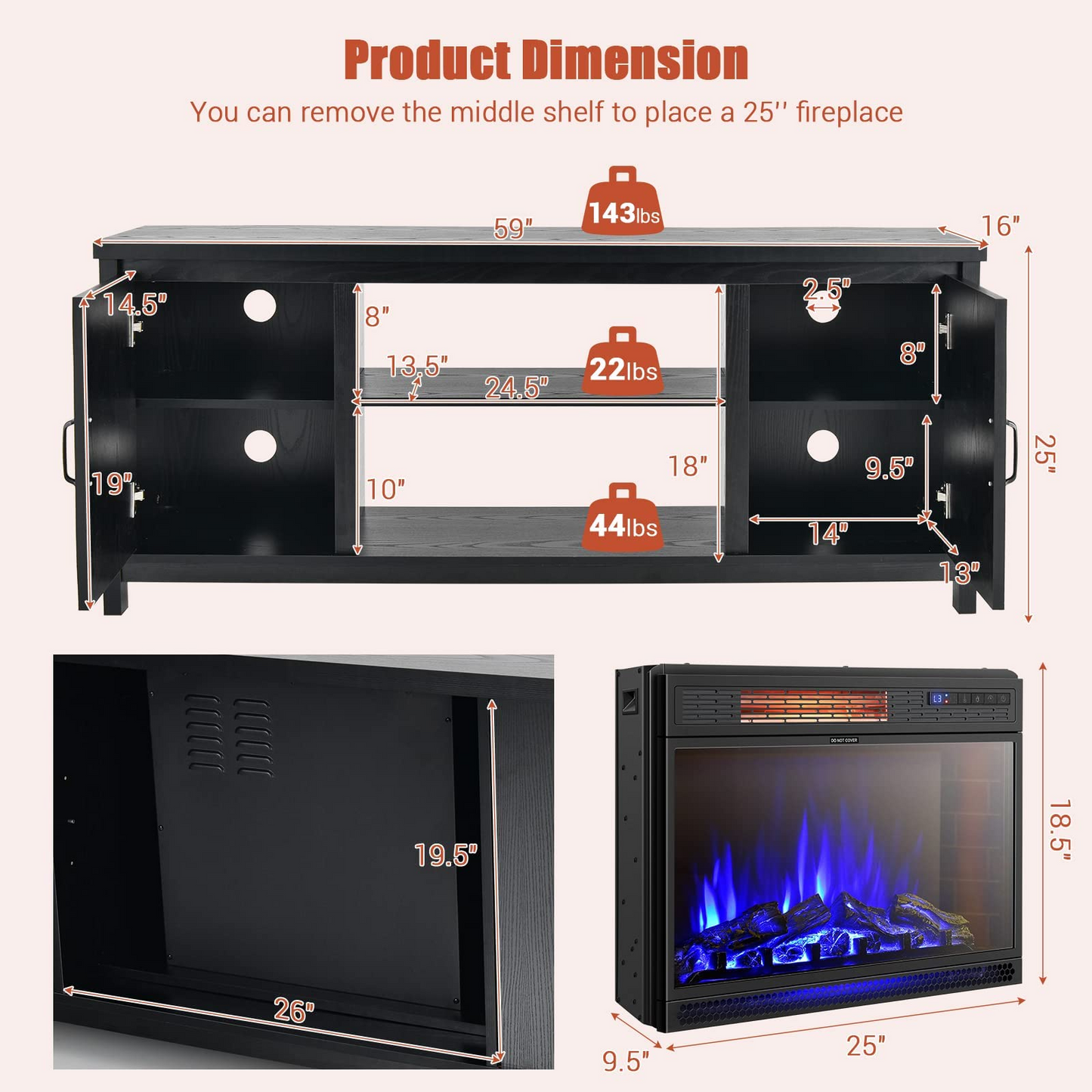 Tangkula Fireplace TV Stand for TVs Up to 65 Inch, Fireplace Media Console Table with Barn Doors, Electric Heater with Adjustable Brightness & Remote - HV10085BK+FP10047US