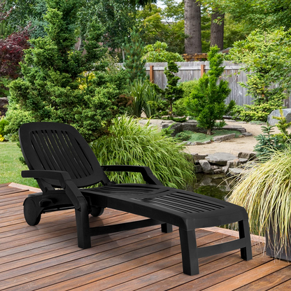 Tangkula Outdoor Chaise Lounge Chair, 5-Position Adjustable Recliner with Storage Box and Flexible Wheels - OP70717BK