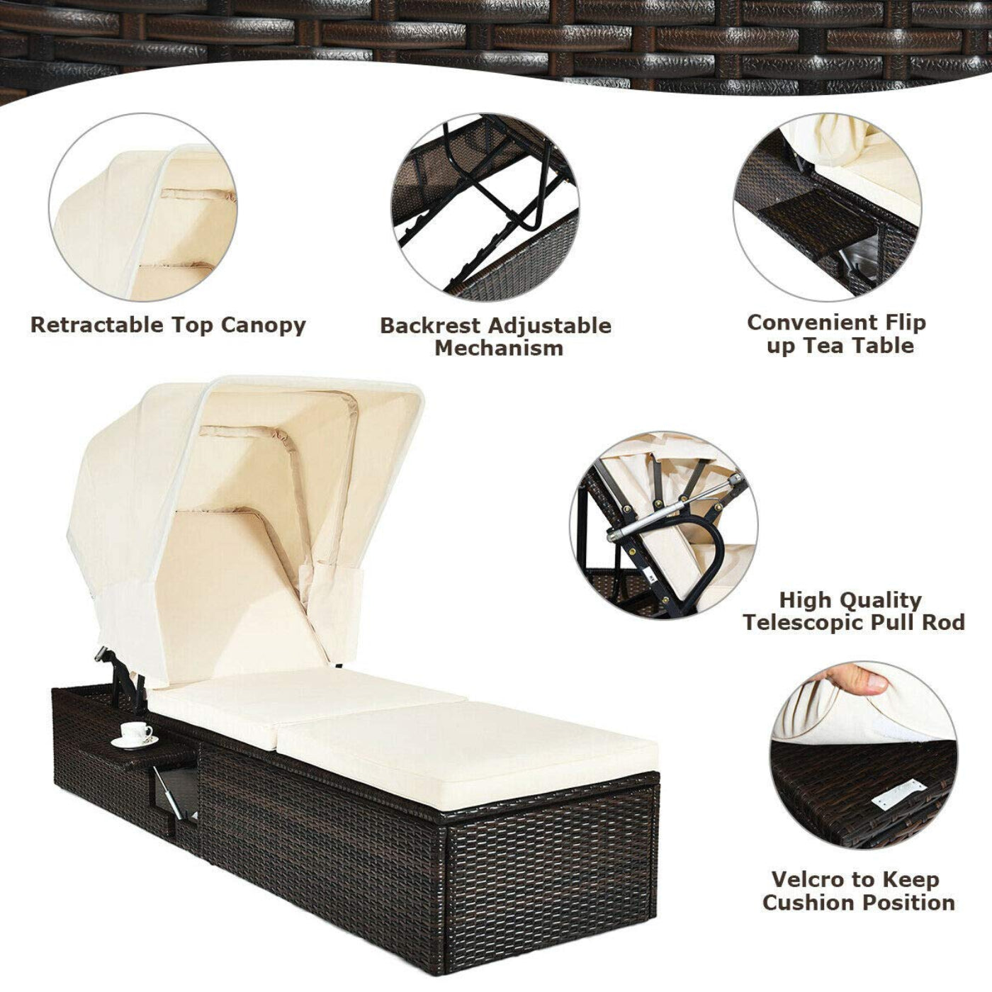 Tangkula Outdoor Chaise Lounge Chair with Folding Canopy, Adjustable Cushioned Reclining Chair with Flip-up Tea Table - HW63197+