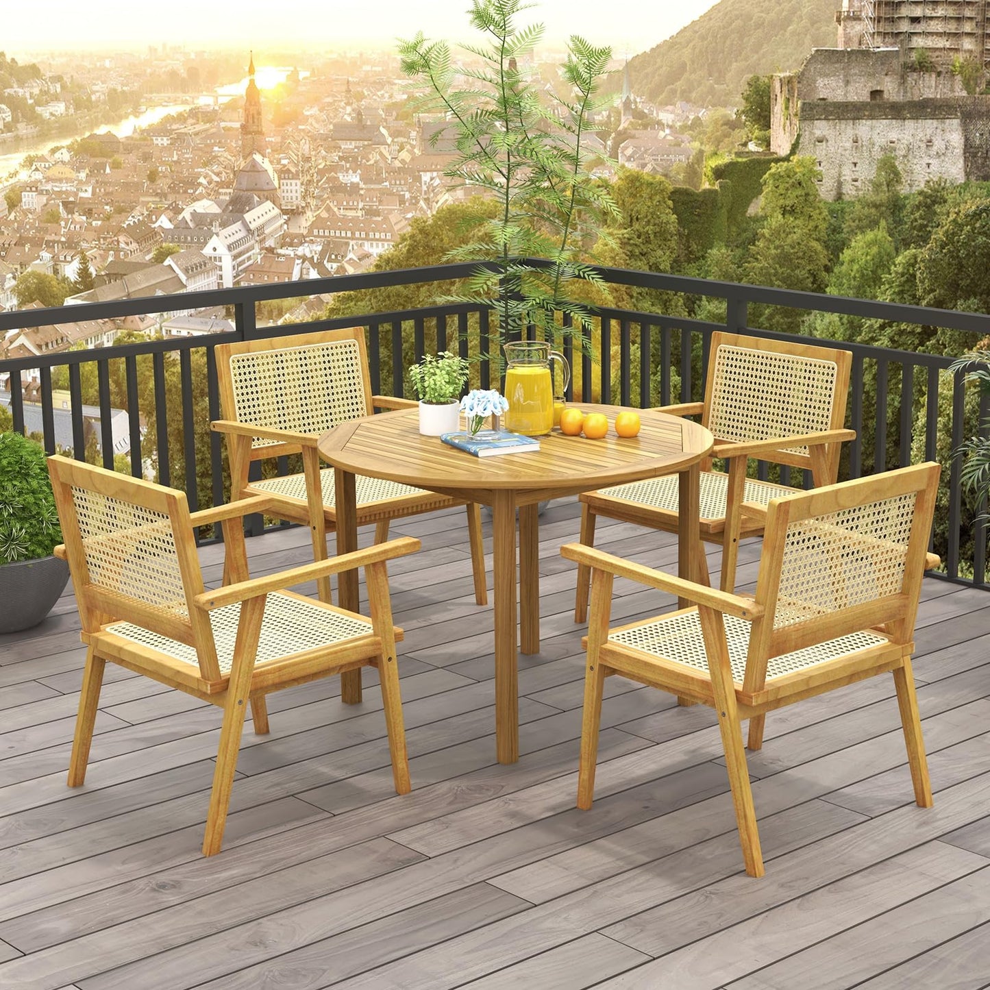 Tangkula Outdoor Wood Chair, Teak Wood Armchair with Rattan Seat & Back - JV11366