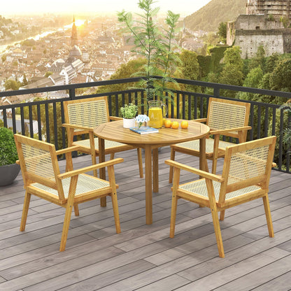 Tangkula Outdoor Wood Chair, Teak Wood Armchair with Rattan Seat & Back - JV11366