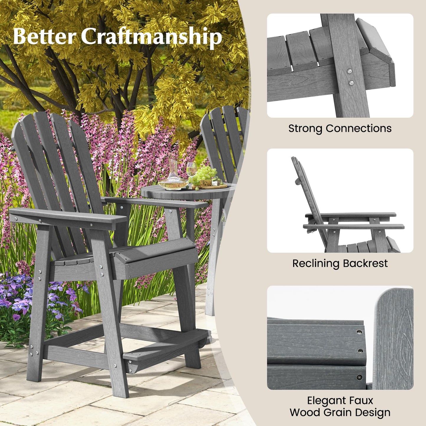 Tangkula Outdoor Bar Stool, HDPE Tall Adirondack Chair with Armrest & Footrest - NP11571GR