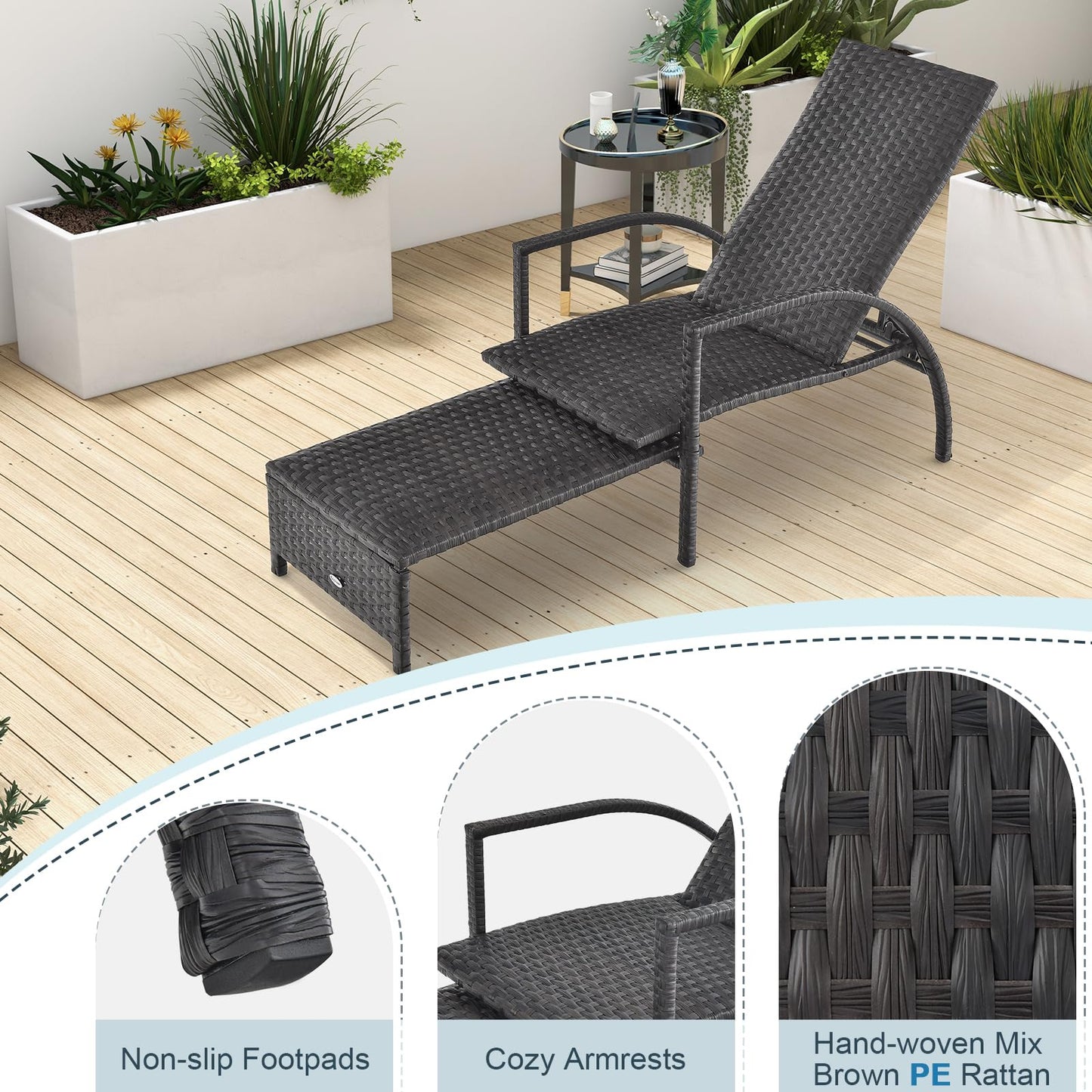 Tangkula Patio Chaise Lounge, Outdoor Rattan Lounge Chair with Retractable Ottoman - NP10986BN