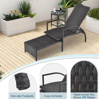 Tangkula Patio Chaise Lounge, Outdoor Rattan Lounge Chair with Retractable Ottoman - NP10986BN