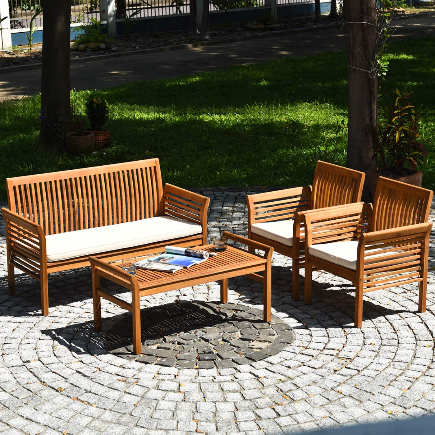 Tangkula 4 or 8 Piece Outdoor Acacia Wood Sofa Set, Padded Patio Conversation Table Chair Set - HW63884