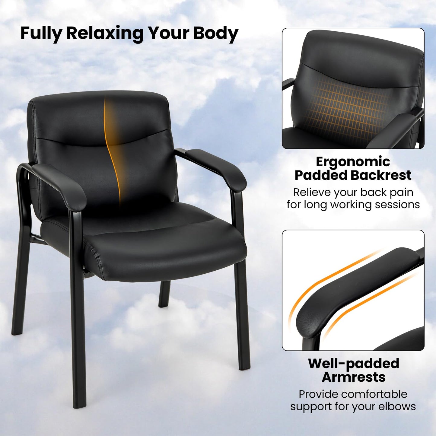 Tangkula Waiting Room Chairs, Upholstered PU Leather Conference Room Chairs with Padded Armrests, Black - CB10598DK-2