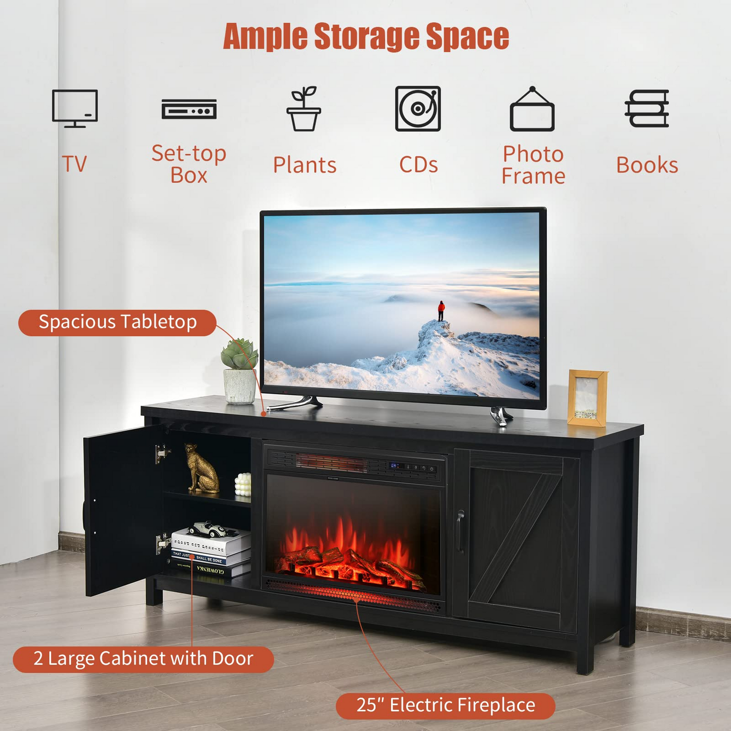 Tangkula Fireplace TV Stand for TVs Up to 65 Inch, Fireplace Media Console Table with Barn Doors, Electric Heater with Adjustable Brightness & Remote - HV10085BK+FP10047US