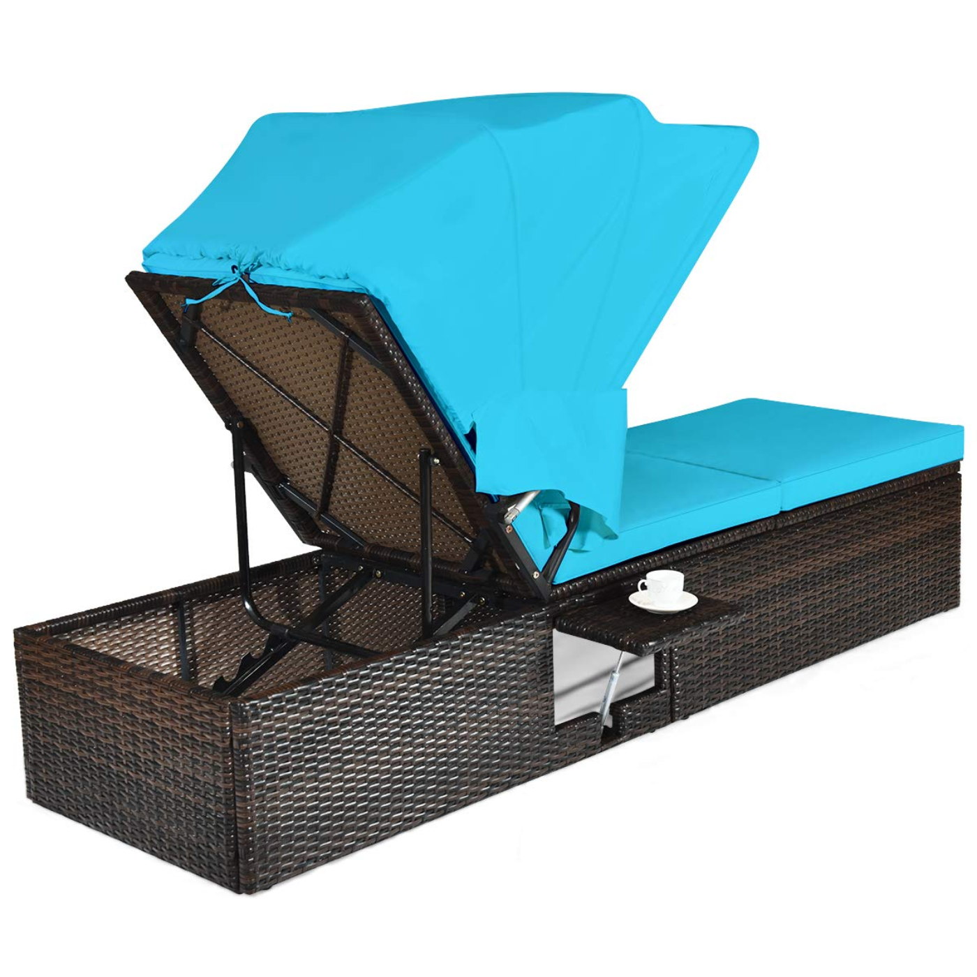 Tangkula Outdoor Chaise Lounge Chair with Folding Canopy, Adjustable Cushioned Reclining Chair with Flip-up Tea Table - HW63197+