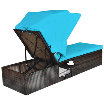 Tangkula Outdoor Chaise Lounge Chair with Folding Canopy, Adjustable Cushioned Reclining Chair with Flip-up Tea Table - HW63197+