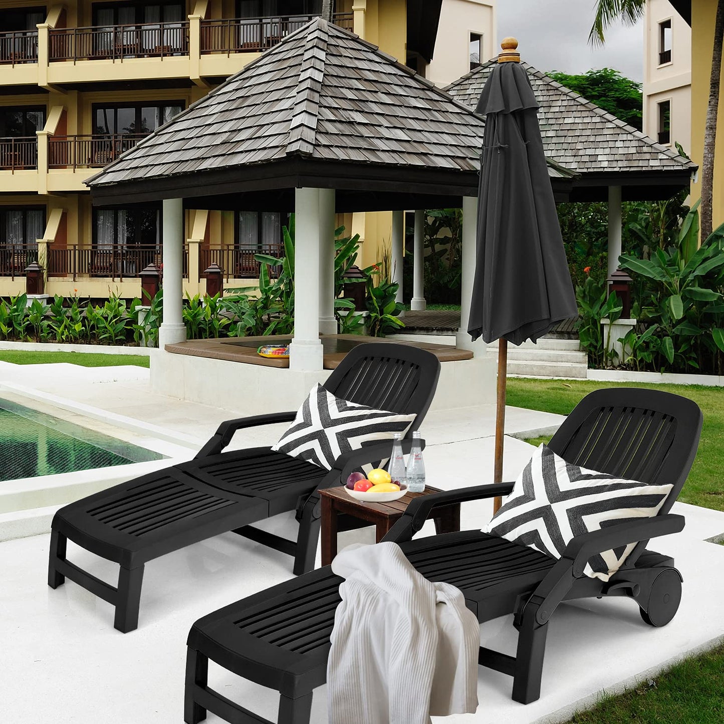 Tangkula Outdoor Chaise Lounge Chair, 5-Position Adjustable Recliner with Storage Box and Flexible Wheels - OP70717BK