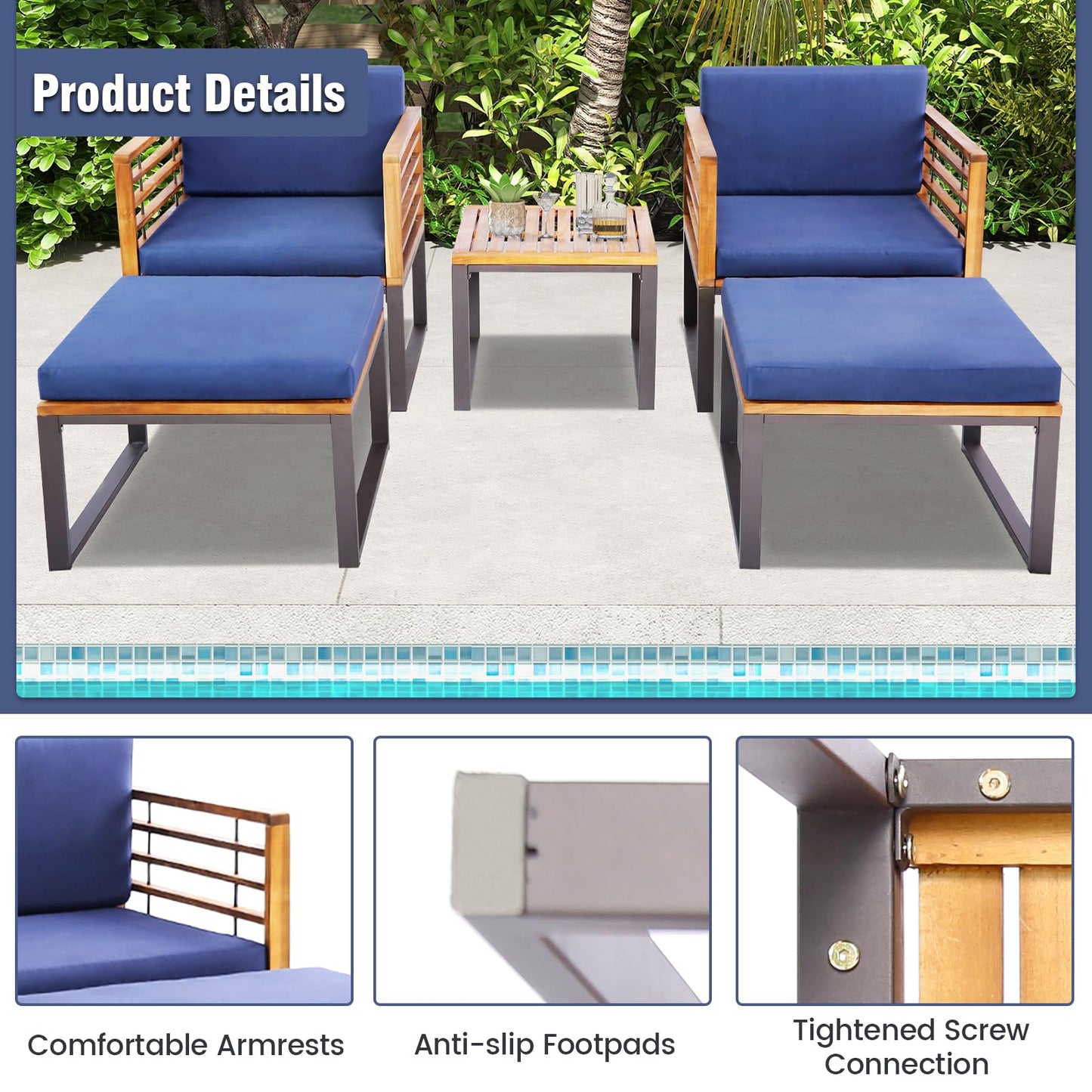 Tangkula 5 Piece Patio Chair Set, Acacia Wood Chair Set - HW70980NY+