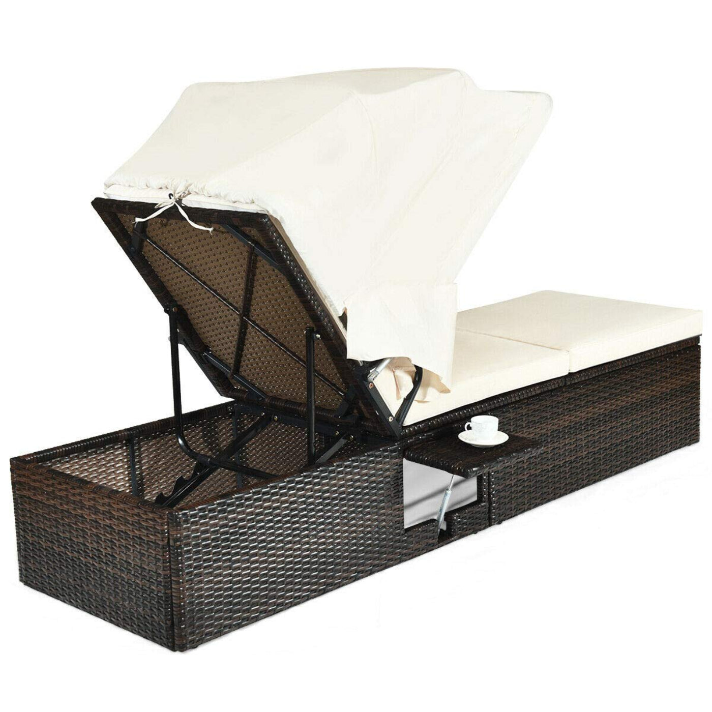 Tangkula Outdoor Chaise Lounge Chair with Folding Canopy, Adjustable Cushioned Reclining Chair with Flip-up Tea Table - HW63197+
