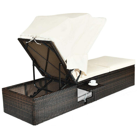 Tangkula Outdoor Chaise Lounge Chair with Folding Canopy, Adjustable Cushioned Reclining Chair with Flip-up Tea Table - HW63197+