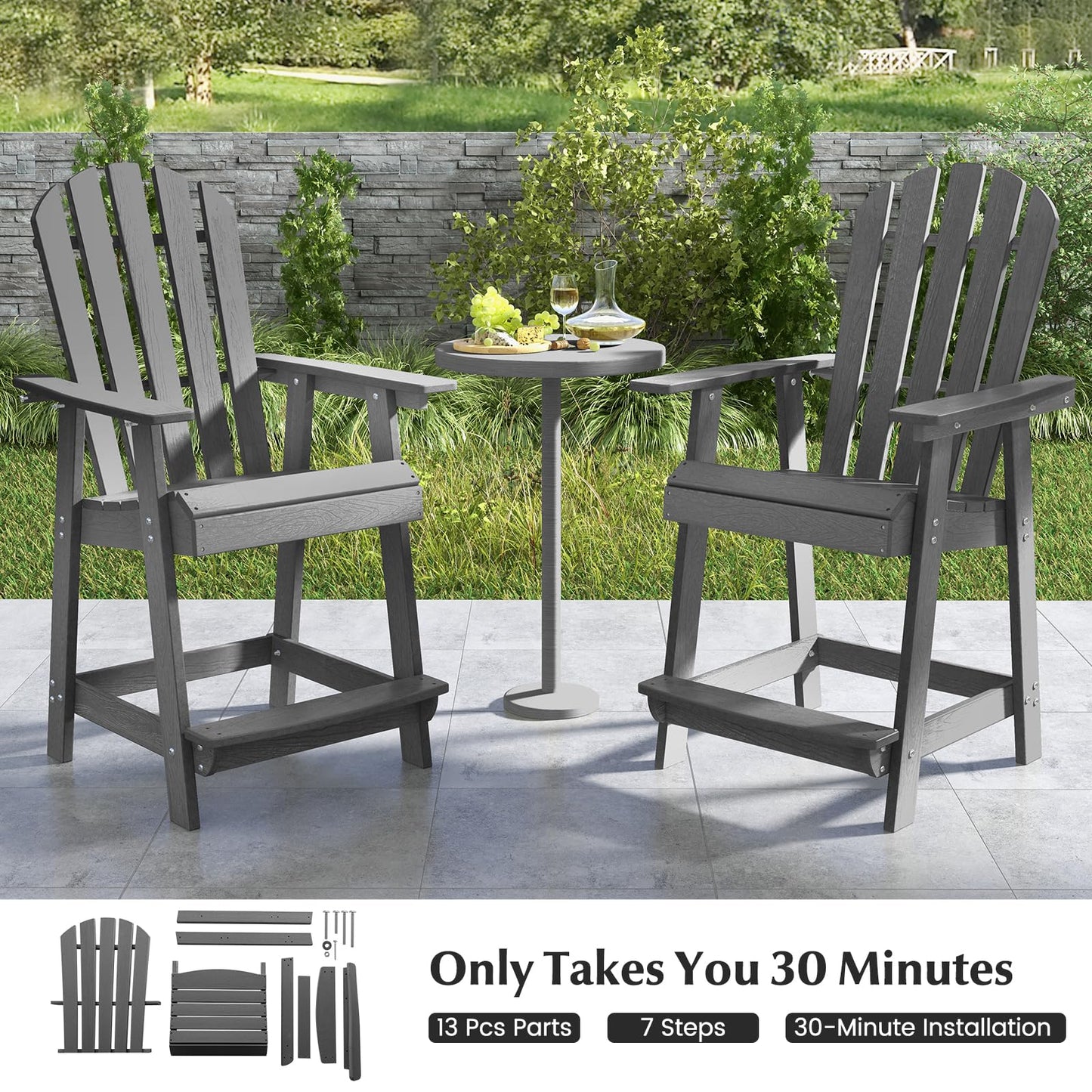 Tangkula Outdoor Bar Stool, HDPE Tall Adirondack Chair with Armrest & Footrest - NP11571GR
