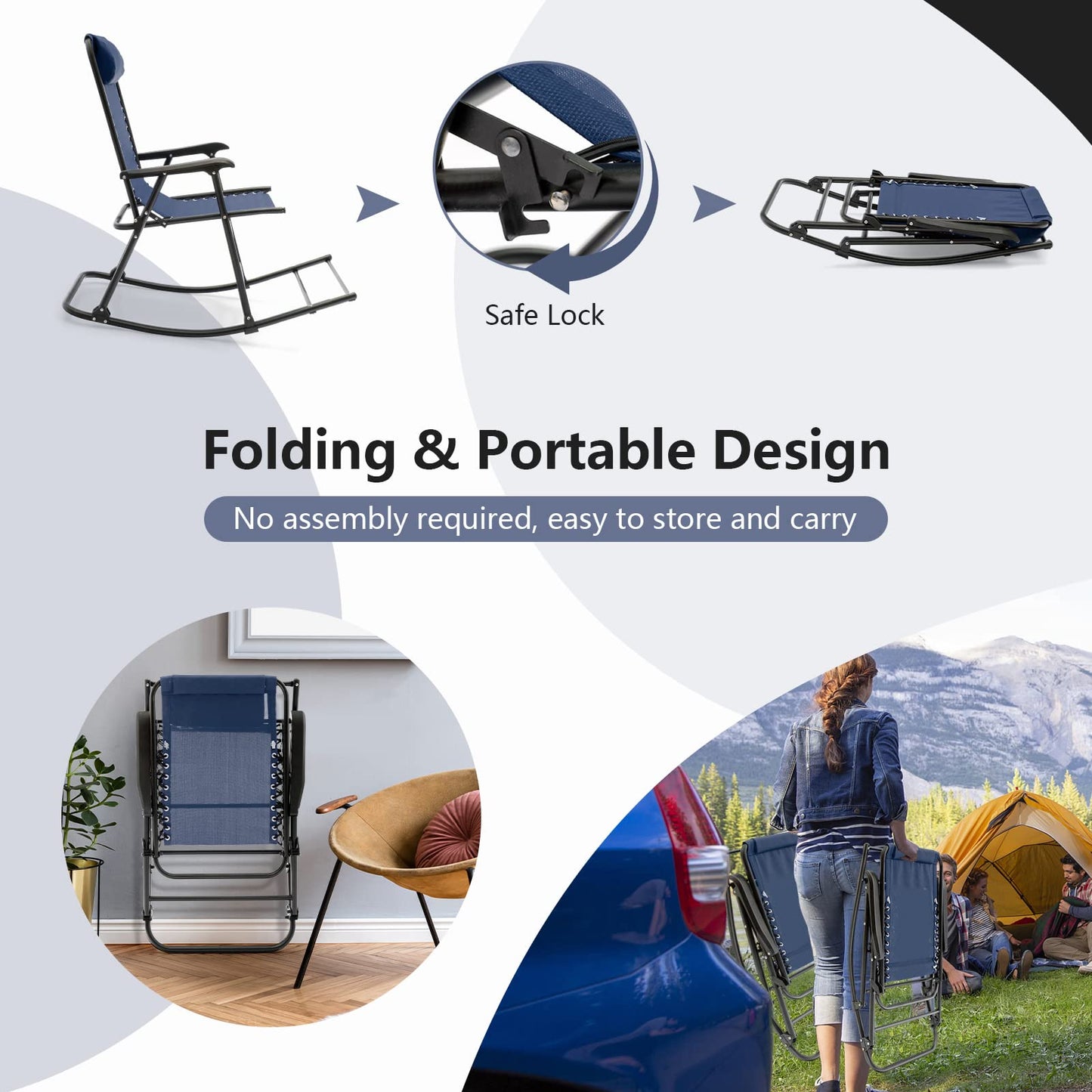 Tangkula Outdoor Folding Rocking Chair, No Assembly Required, Foldable Rocker Recliner with Headrest - OP3564BL