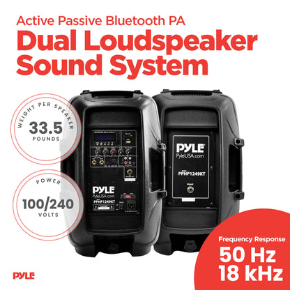 Pyle Active Passive Bluetooth PA Dual Loudspeaker Sound System Kit & Microphones - 84543
