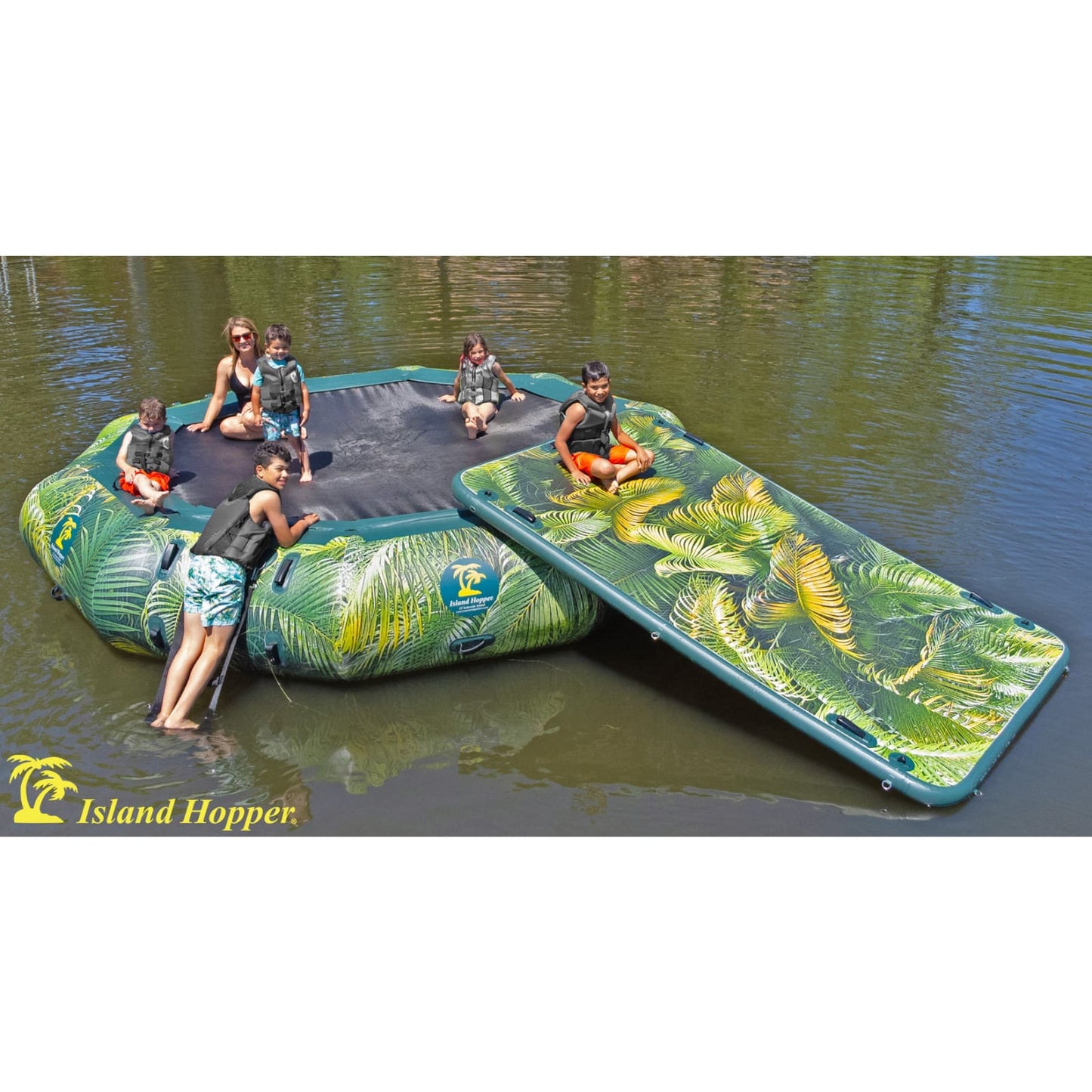 Island Hopper 15’ Water Bouncer Lakeside Water Park with 1 Lakeside Platform/Slide - LKS-WTRPRK15