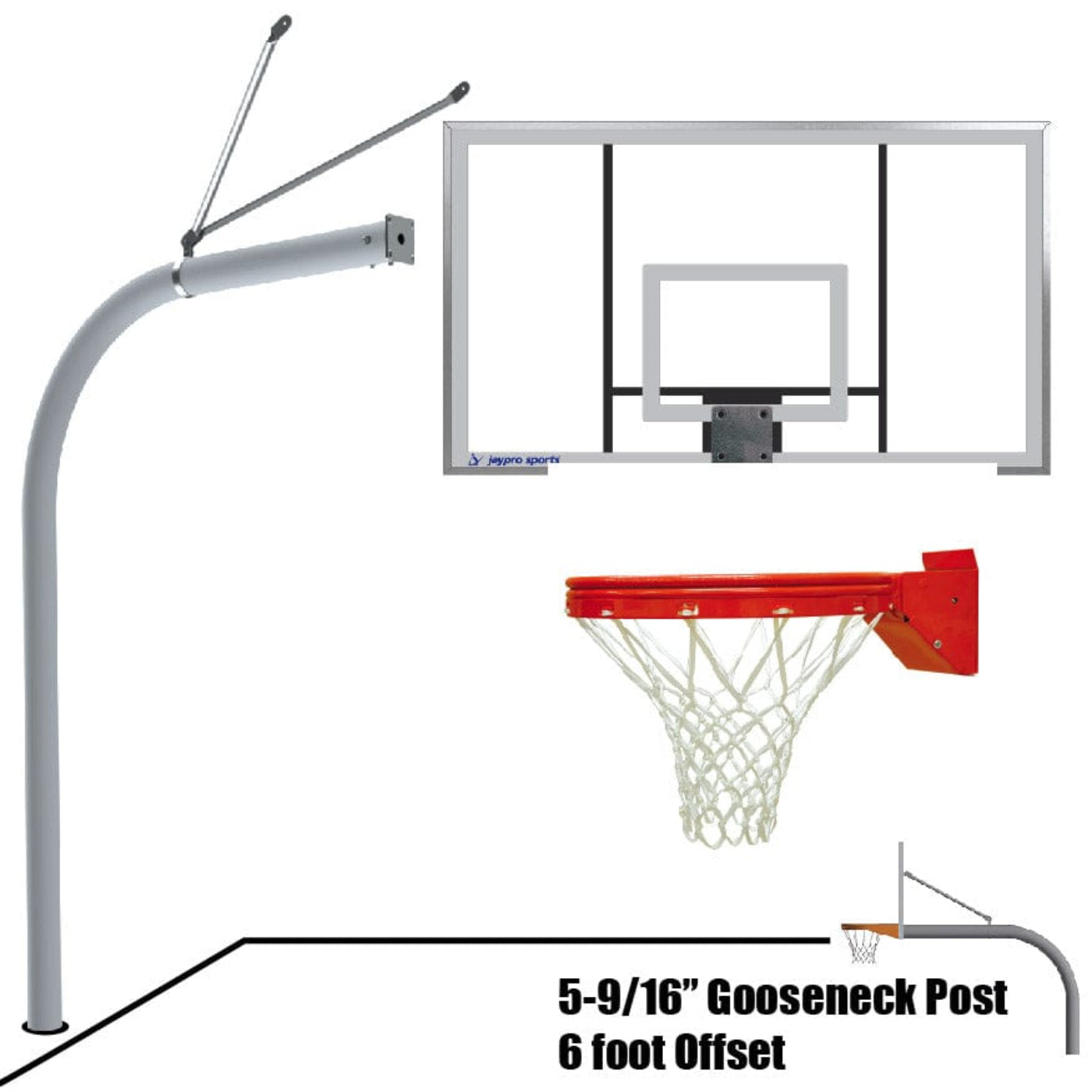 Jaypro Gooseneck Basketball System (5-9/16" Pole with 6' Offset) 72"W x 42"H Acrylic Backboard - 656-AC-SG