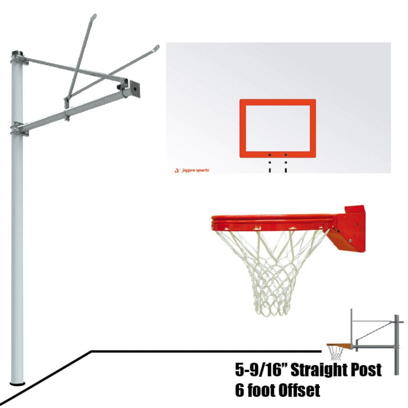 Jaypro Straight Post Basketball System (5-9/16" Pole with 6' Offset) 72"W x 42"H Steel Backboard - SPA6-RS-SG