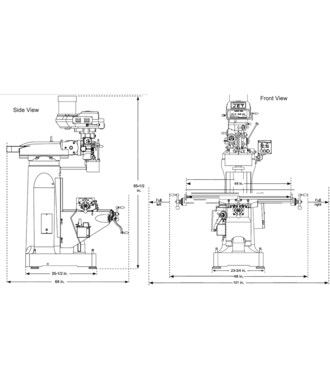 JET Elite EVS-949 Mill with 3-Axis ACU-RITE 303 (Quill) DRO and X, Y-Axis JET Powerfeeds and USA Made Air Draw Bar - JT9-894341