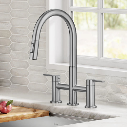 KRAUS Contemporary Bridge Kitchen Faucet with Spray-Head in Spot-Free Stainless - KPF-3122SFS