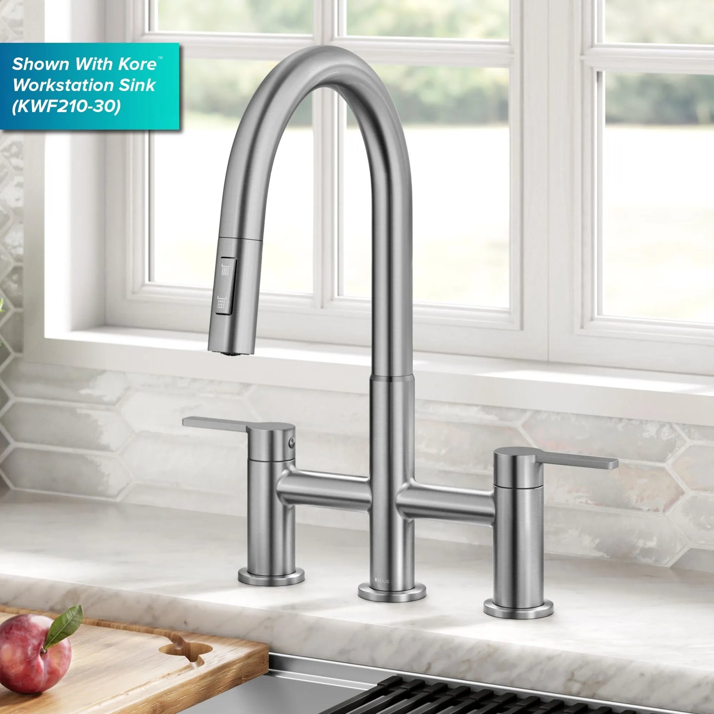 KRAUS Contemporary Bridge Kitchen Faucet with Spray-Head in Spot-Free Stainless - KPF-3122SFS