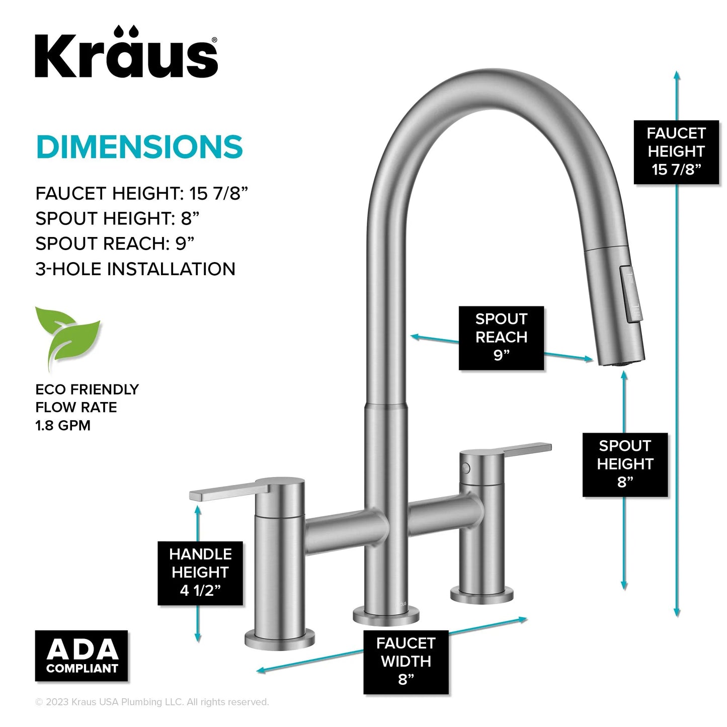 KRAUS Contemporary Bridge Kitchen Faucet with Spray-Head in Spot-Free Stainless - KPF-3122SFS
