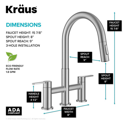 KRAUS Contemporary Bridge Kitchen Faucet with Spray-Head in Spot-Free Stainless - KPF-3122SFS