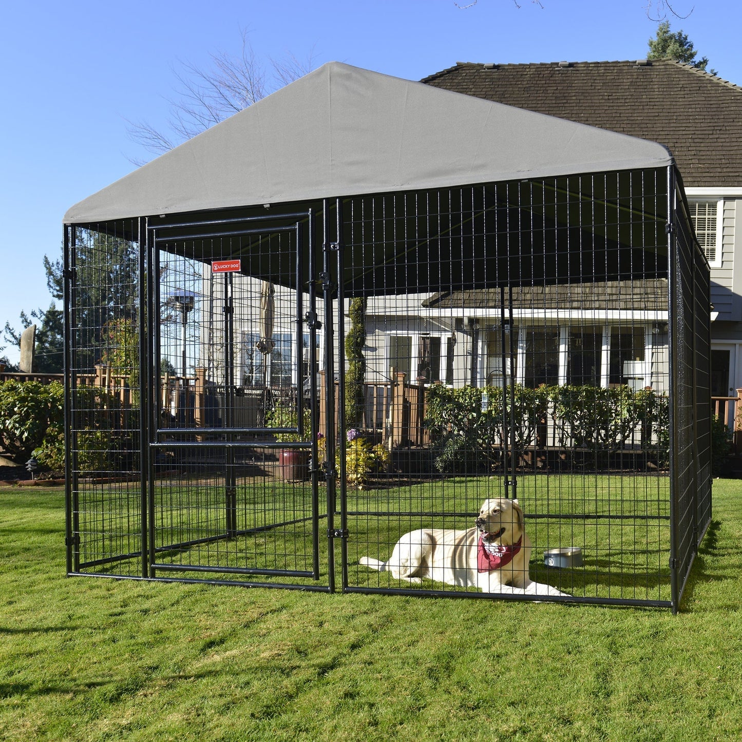 Lucky Dog STAY Series 10 x 10 x 6 Foot Roofed Steel Frame Dog Kennel, Grey - 265230