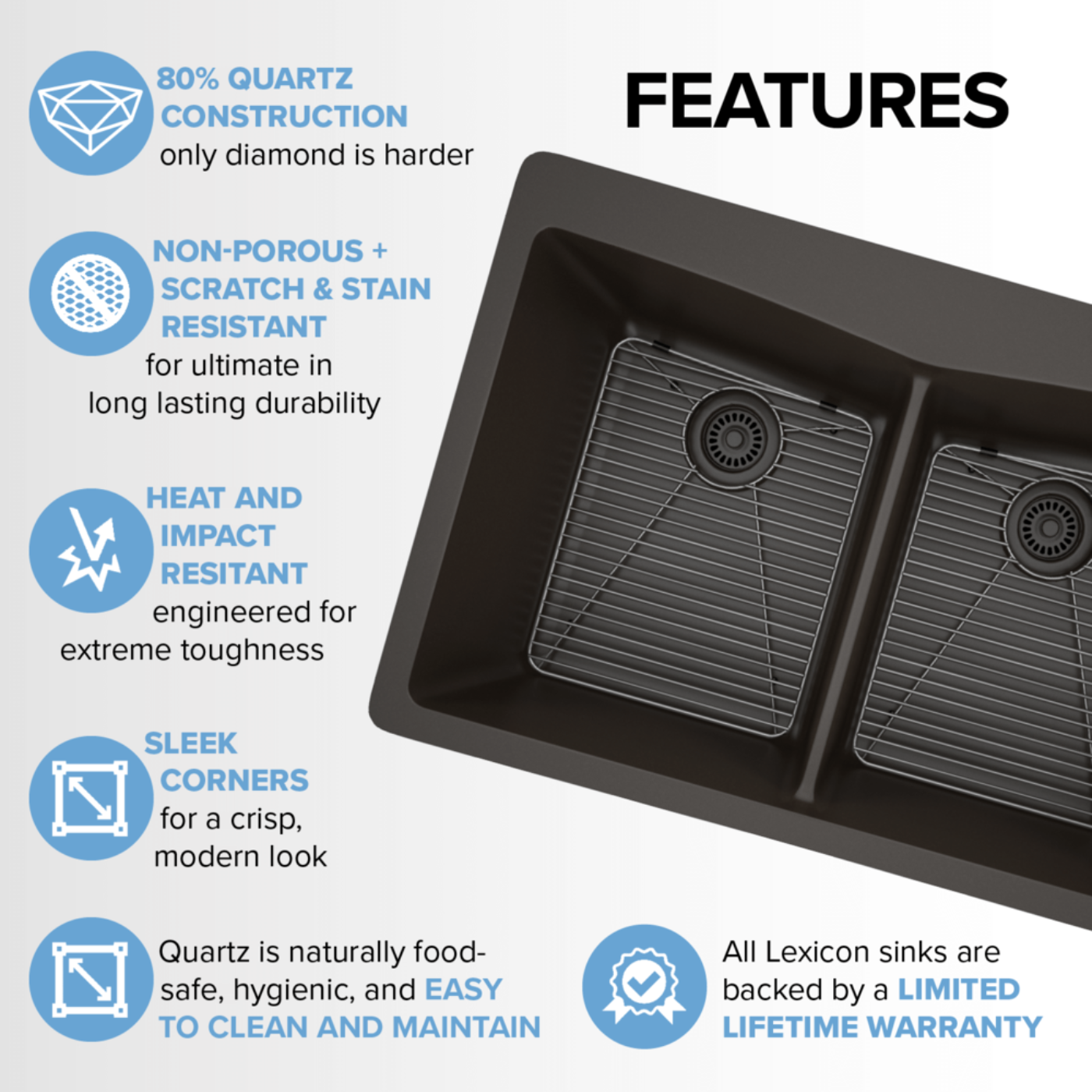 Lexicon 33" Double Bowl 50/50 Dual Mount Quartz Composite Sink