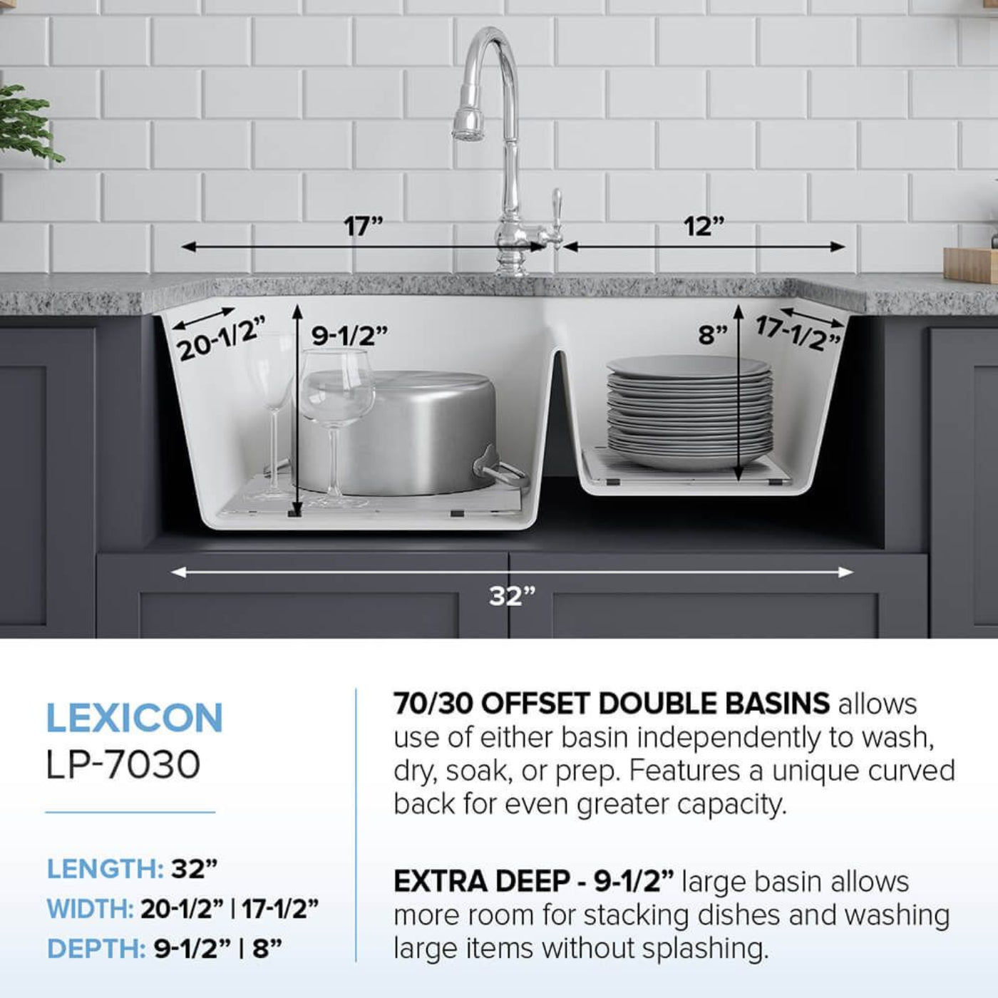Lexicon 32" Double Bowl 70/30 Quartz Composite Sink