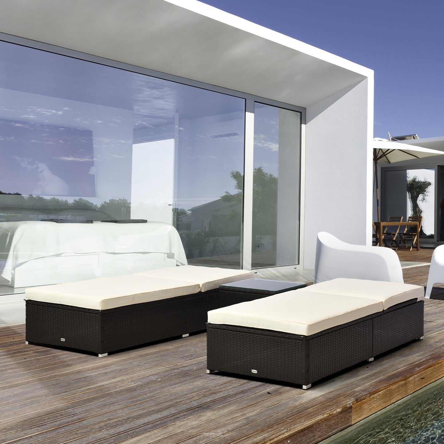 Outsunny Pool Lounge Chairs Set of 2, w/5 Angle Backrest, Table, Water Repellent Cushions, Cream White - 862-009