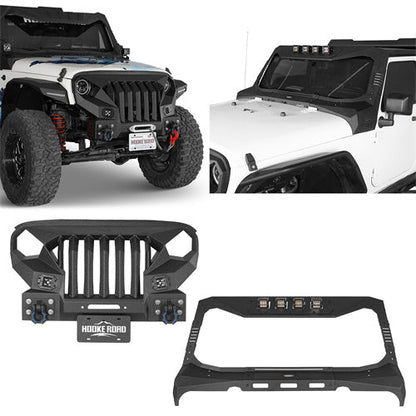 Hooke Road Mad Max Front Bumper w/Steel Grille Guard & Windshield Frame Cover(07-18 Jeep Wrangler JK)