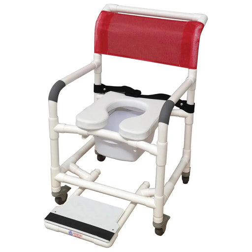 MJM International Standard Shower Chair with Total Lock Casters, Slide Out Footrest, Safety Belt, Commode Pail and Soft Seat