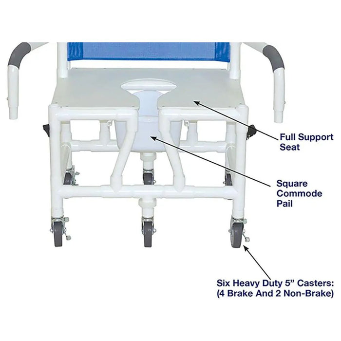 MJM International Wide PVC Rolling Shower Chair with Dual Swing Away Arms and Commode