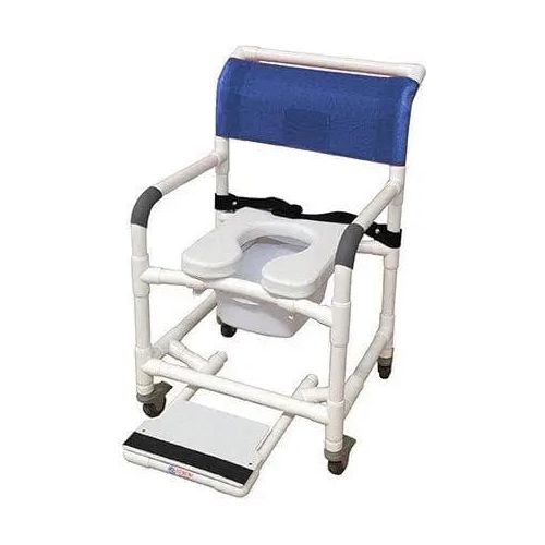 MJM International Wide Shower Chair with Total Lock Casters, Soft Seat, Safety Belt, Commode Pail and Slide Out Footrest