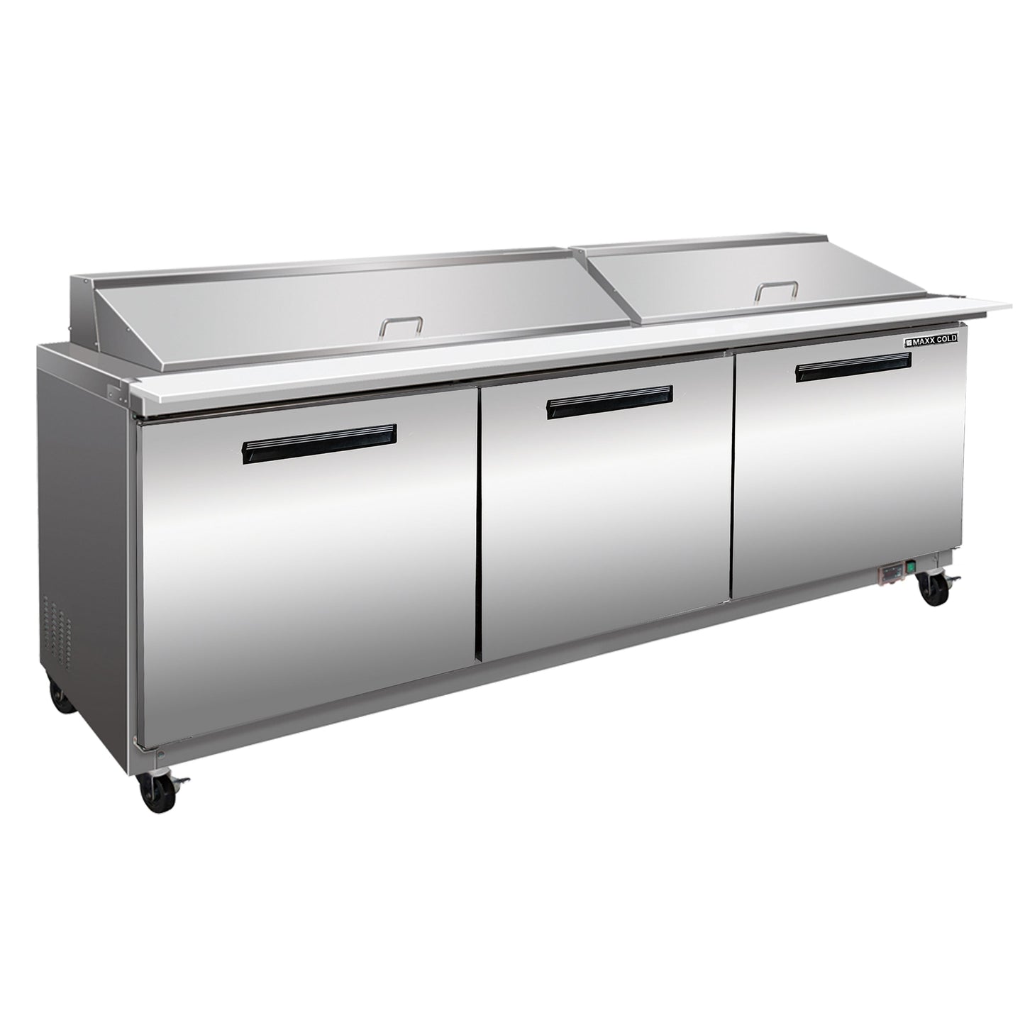 Maxx Cold Three-Door Refrigerated Megatop Prep Unit, 72"W, 18 cu. ft. Storage Capacity, Equipped with (27) 4" Deep Pans and Cutting Board, in Stainless Steel - MXCR72MHC
