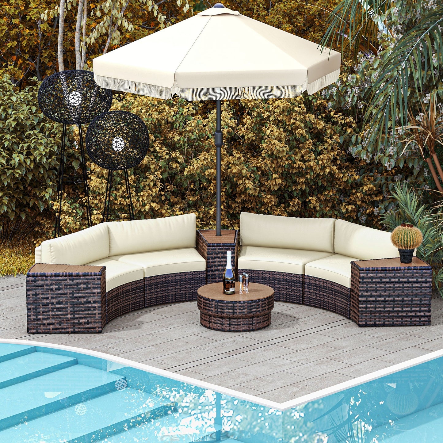Outsunny 8PC Outdoor Conversation Set w/ 4 Rattan Sofa Chairs, 4 Tables & Umbrella Hole, Mixed Brown - 860-310V00MB