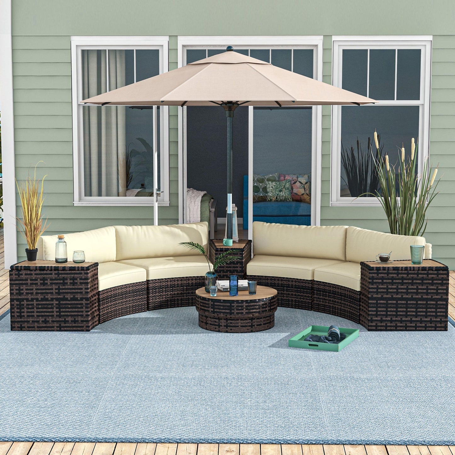 Outsunny 8PC Outdoor Conversation Set w/ 4 Rattan Sofa Chairs, 4 Tables & Umbrella Hole, Mixed Brown - 860-310V00MB