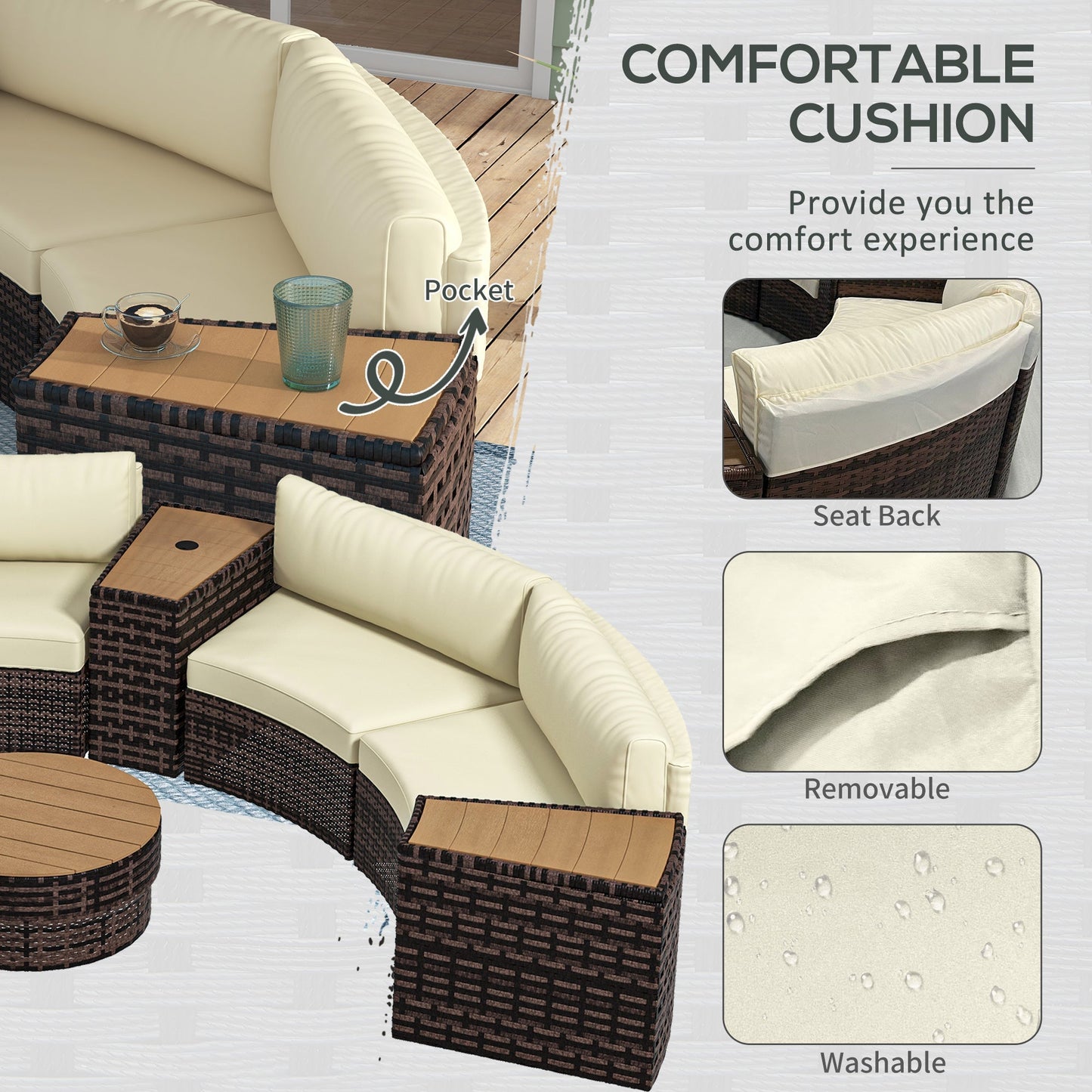 Outsunny 8PC Outdoor Conversation Set w/ 4 Rattan Sofa Chairs, 4 Tables & Umbrella Hole, Mixed Brown - 860-310V00MB