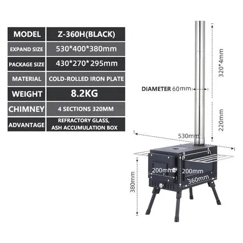 Portable Foldable Wood Burning Stove Heavy Duty Removable Camp Tent