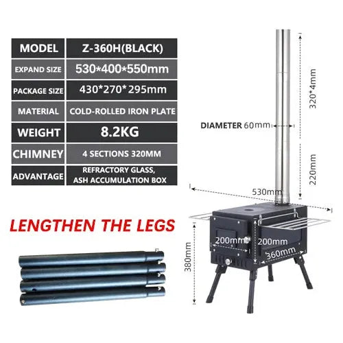 Portable Foldable Wood Burning Stove Heavy Duty Removable Camp Tent