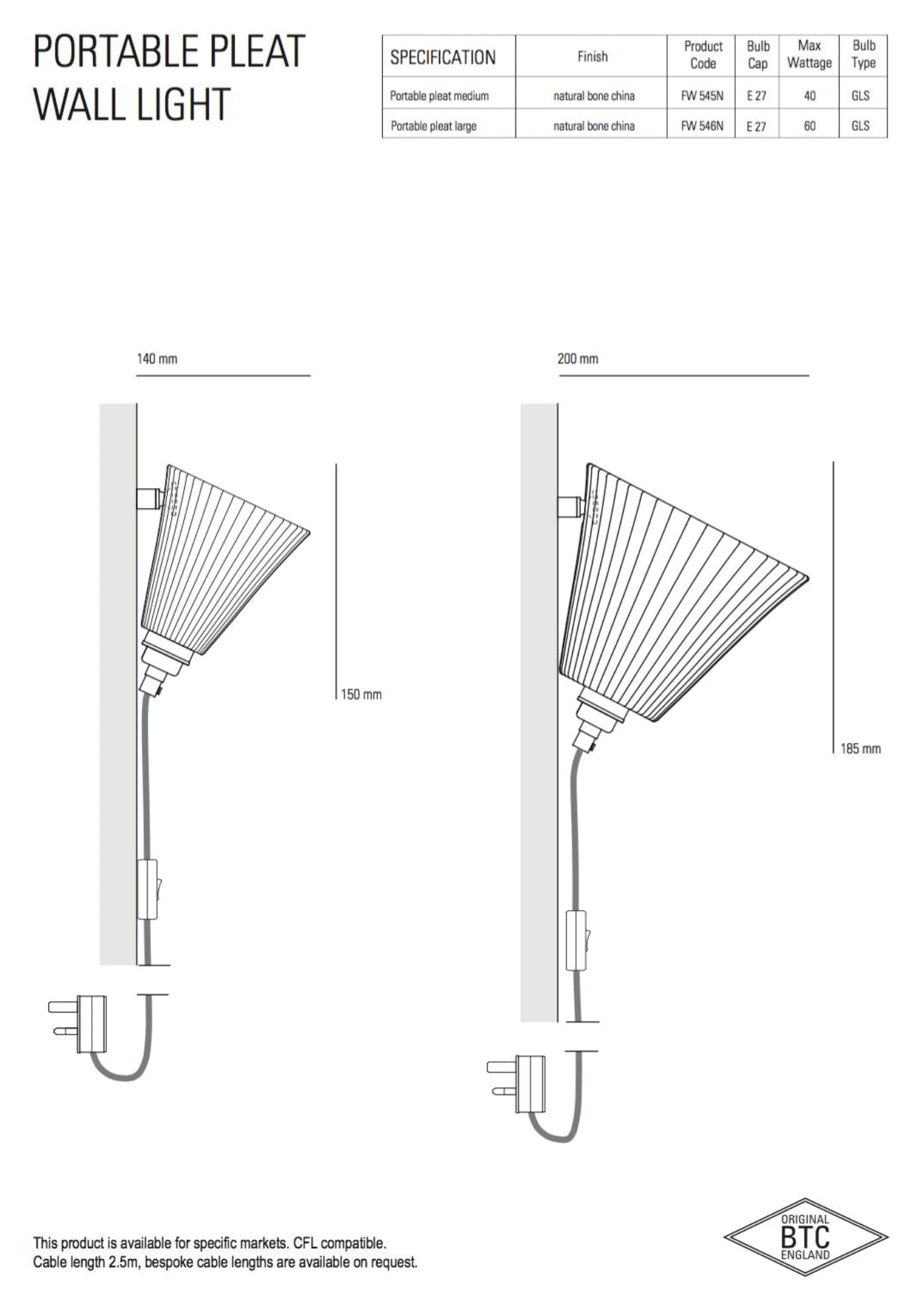 Original BTC Portable Pleat Wall Light